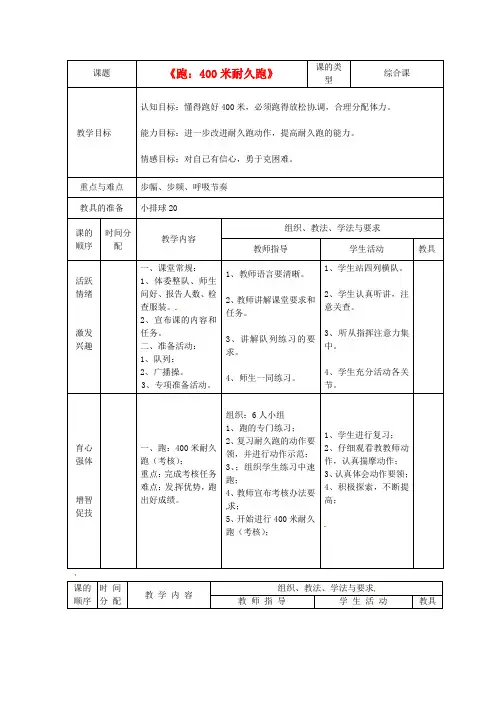《跑400米耐久跑》教案