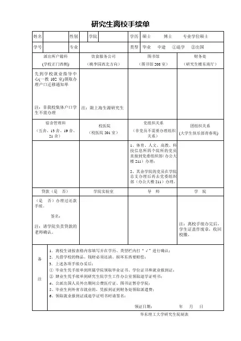 研究生离校手续单