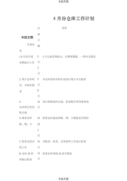 仓库主管月工作计划之令狐文艳创作