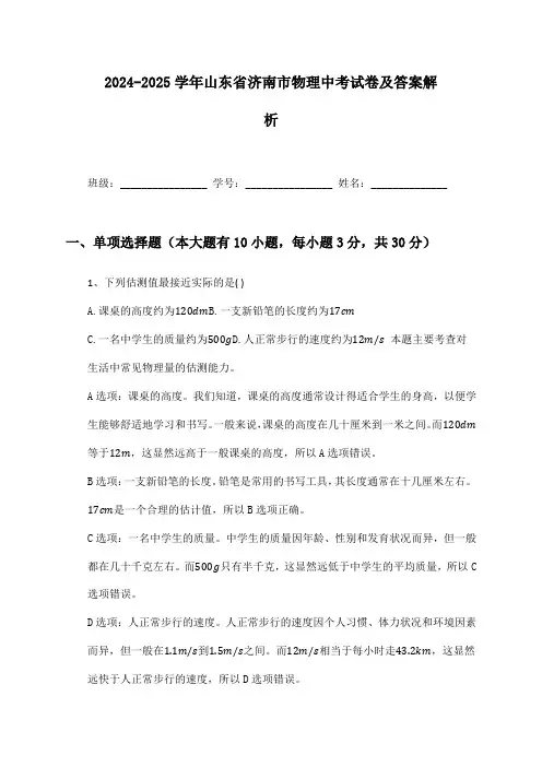 2024-2025学年山东省济南市物理中考试卷及答案解析