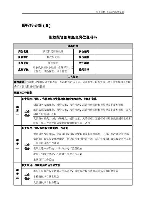投资公司股权投资部岗位说明书
