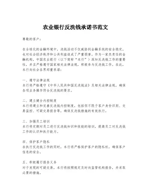 农业银行反洗钱承诺书范文