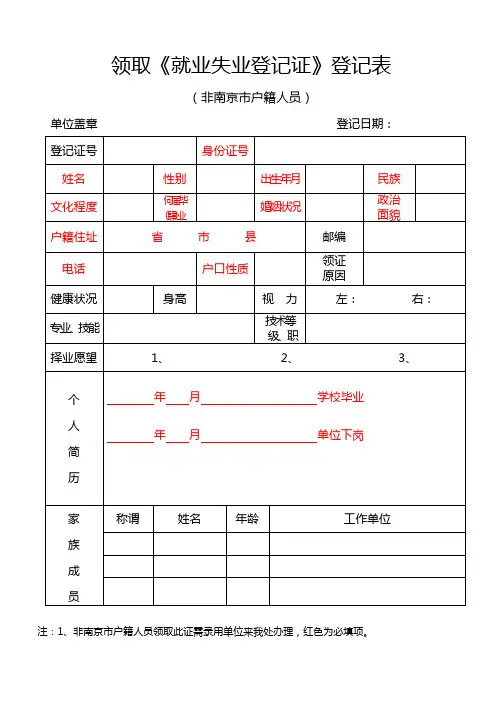 领取就业失业登记证登记表