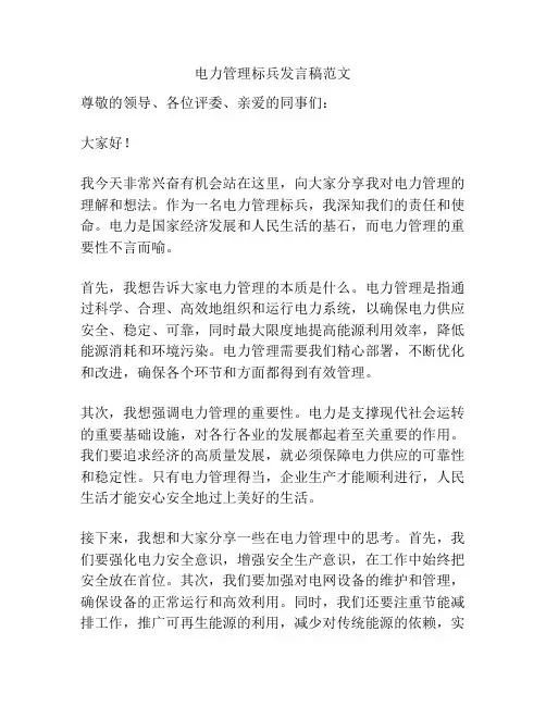 电力管理标兵发言稿范文