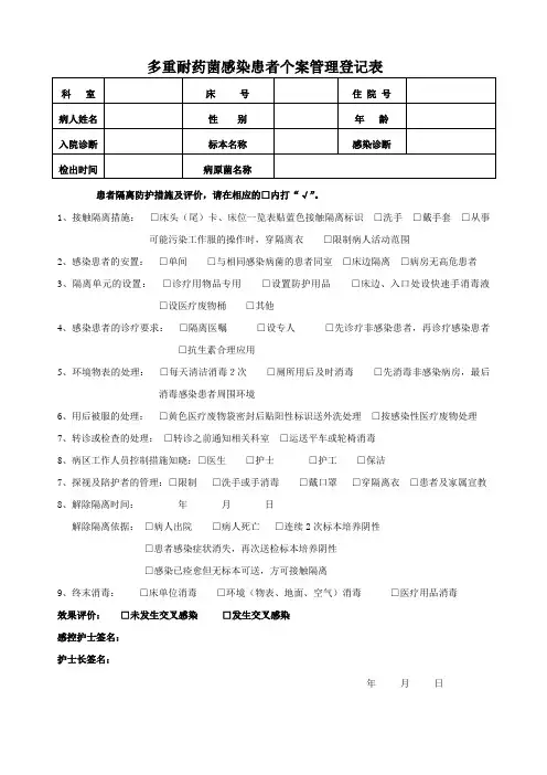 多重耐药菌感染病人个案管理登记表