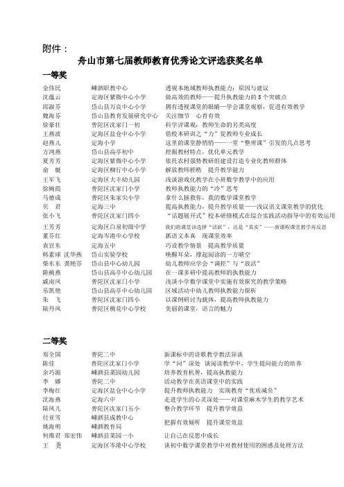 舟山市第七届教师教育优秀论文评选获奖名单
