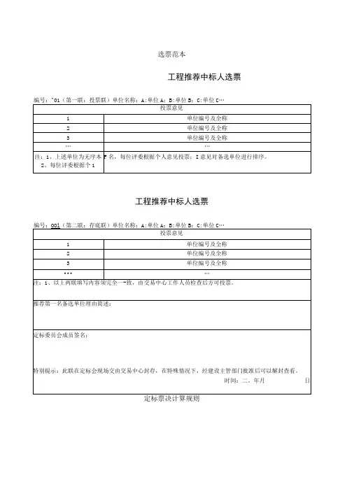 选票范本工程推荐中标人选票
