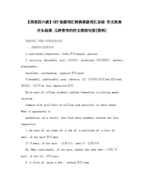 2023年英语四六级低级词汇转换高级词汇总结作文经典开头结尾几种常考作文类型句型资料