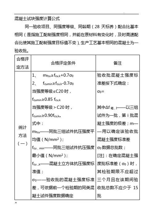 混凝土试块强度评定计算公式