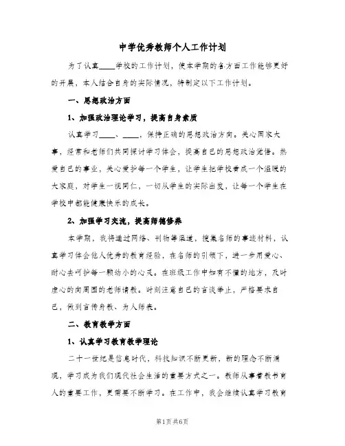 2023年中学优秀教师个人工作计划(三篇)