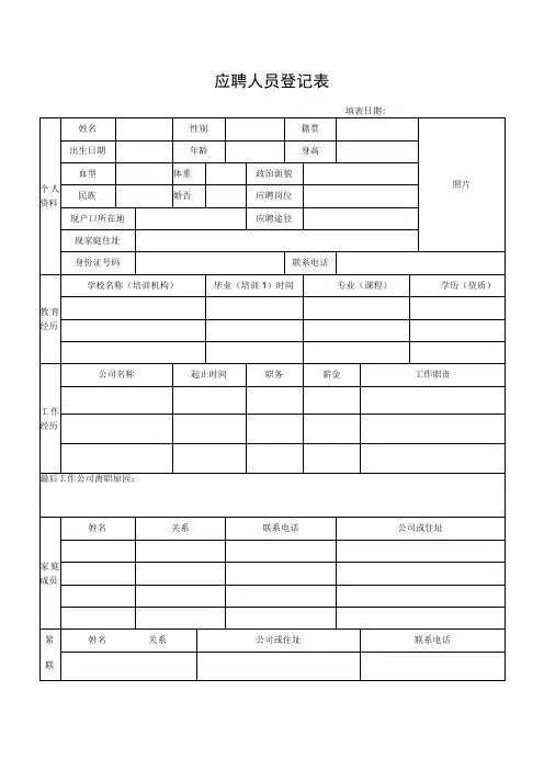 应聘人员登记表