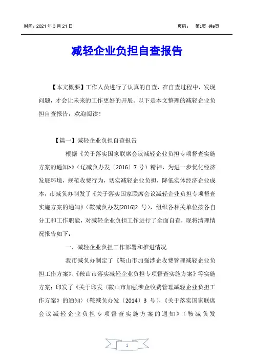 【报告】减轻企业负担自查报告