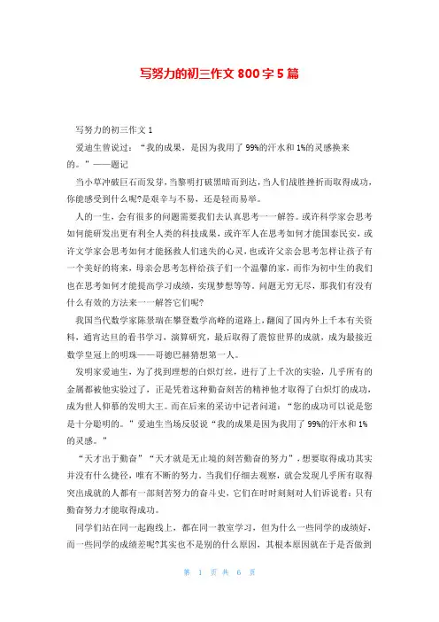 写努力的初三作文800字5篇