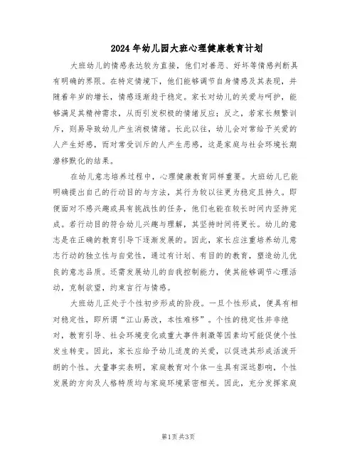 2024年幼儿园大班心理健康教育计划(二篇)