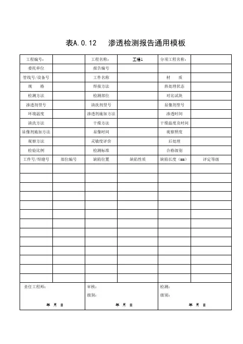 表A.0.12   渗透检测报告通用模板