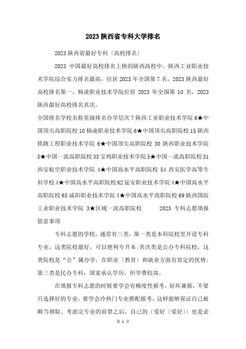 2023陕西省专科大学排名