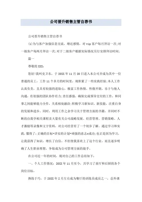 公司晋升销售主管自荐书