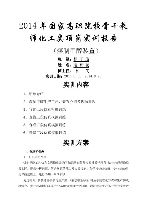煤制甲醇实训报告