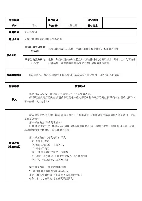 人教版(部编版)小学语文一年级上册 认识比喻句 教学设计教案1