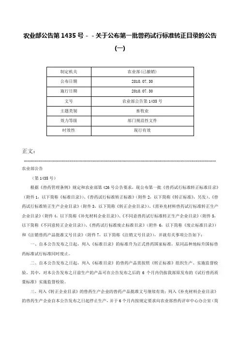 农业部公告第1435号－－关于公布第一批兽药试行标准转正目录的公告(一)-农业部公告第1435号
