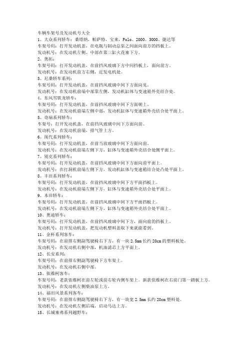 车辆车架号及发动机号大全