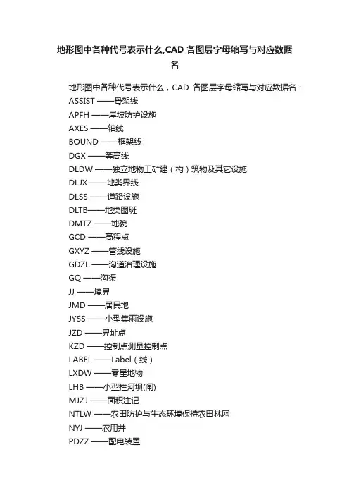地形图中各种代号表示什么,CAD各图层字母缩写与对应数据名