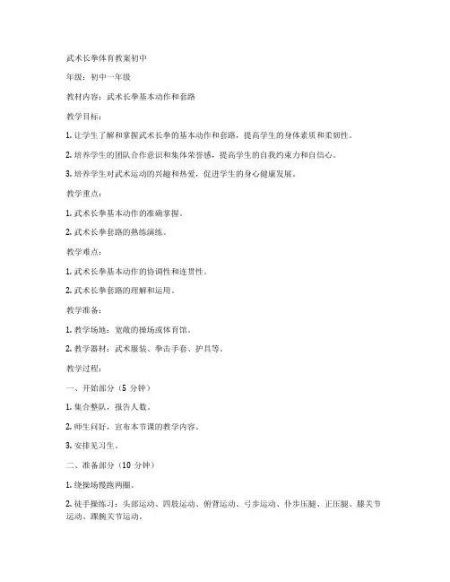 武术长拳体育教案初中