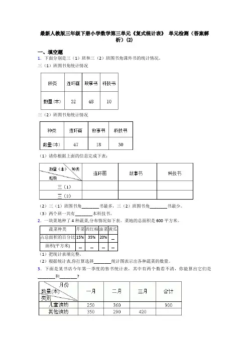 最新人教版三年级下册小学数学第三单元《复式统计表》 单元检测(答案解析)(2)