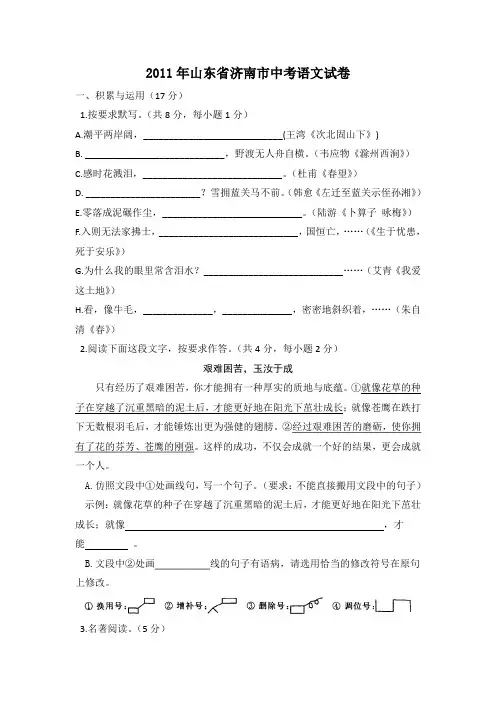 2011年山东省济南市中考语文试卷(含参考答案)