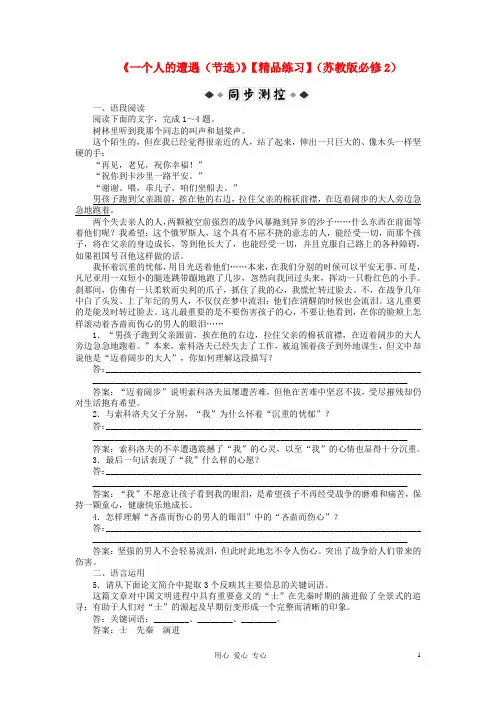 【暑假总动员】高中语文《一个人的遭遇(节选)》练习苏教版必修2