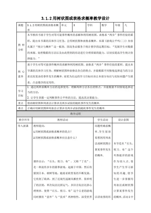 北师大九年级上册 3.1.2 用树状图或表格求概率 教学设计