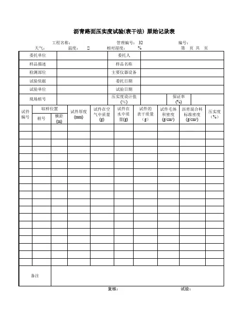 沥青路面压实度试验(表干法) 原始记录表