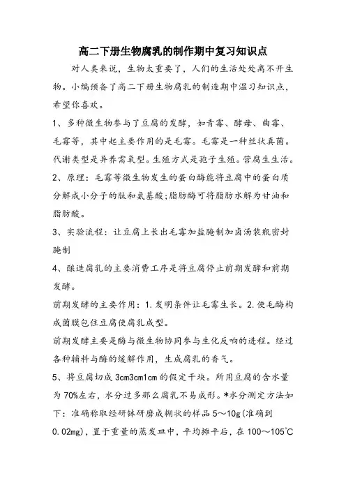 高二下册生物腐乳的制作期中复习知识点