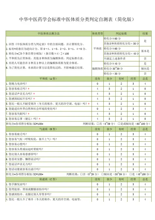 中医体质分类判定自测表