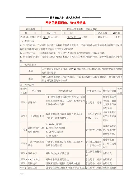 高中信息技术 网络的数据通信、协议及组建教学设计