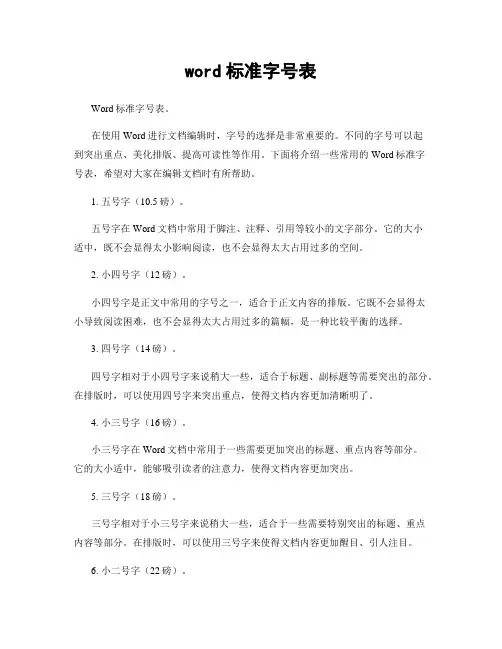 word标准字号表