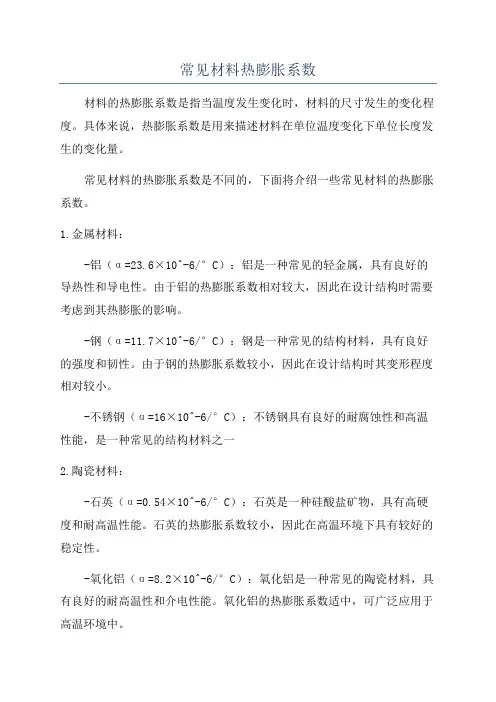 常见材料热膨胀系数