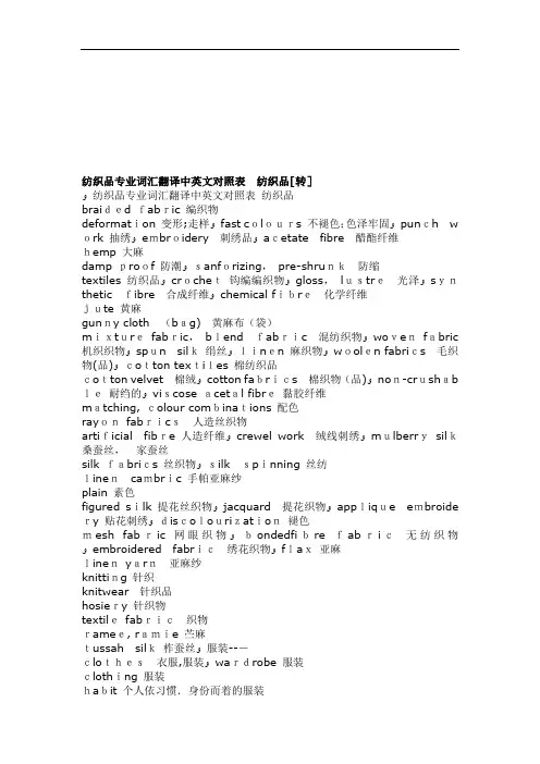 纺织品专业词汇翻译中英文对照