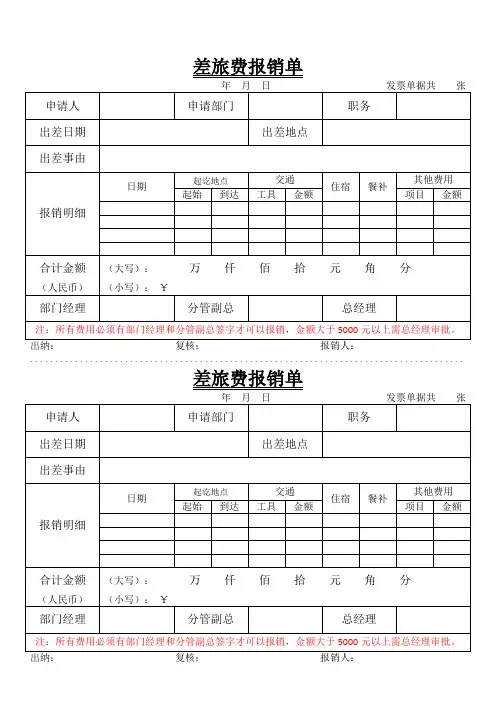 员工差旅费报销单(一式两份)