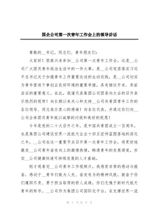 国企公司第一次青年工作会上的领导讲话
