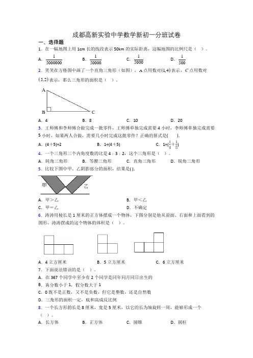 成都高新实验中学数学新初一分班试卷
