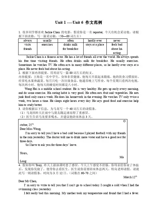 [初二英语]八年级上册1-6单元作文范例