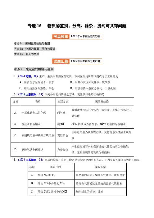 物质的鉴别、分离、除杂、提纯与共存问题- 2024年中考化学真题分类汇编(原卷版+答案解析版)