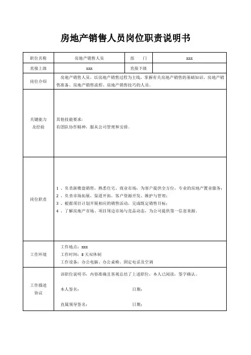 房地产销售人员岗位职责说明书[精美打印版本]