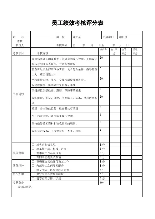 建筑公司项目部施工员绩效考核评分表(标准版)