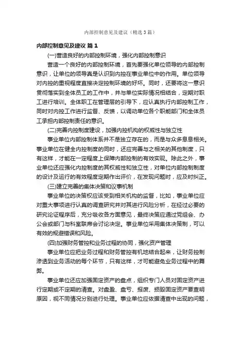 内部控制意见及建议（精选3篇）