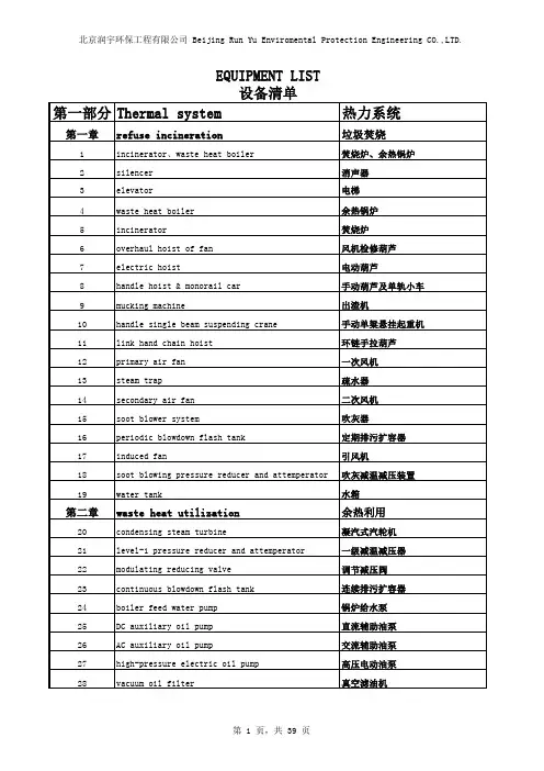 垃圾电厂专用语中英文对照手册