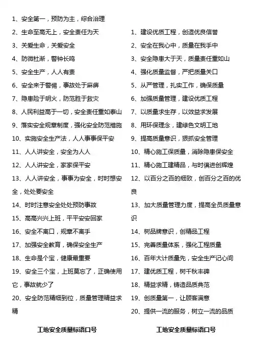 2020年最新安全质量宣传标语大全-