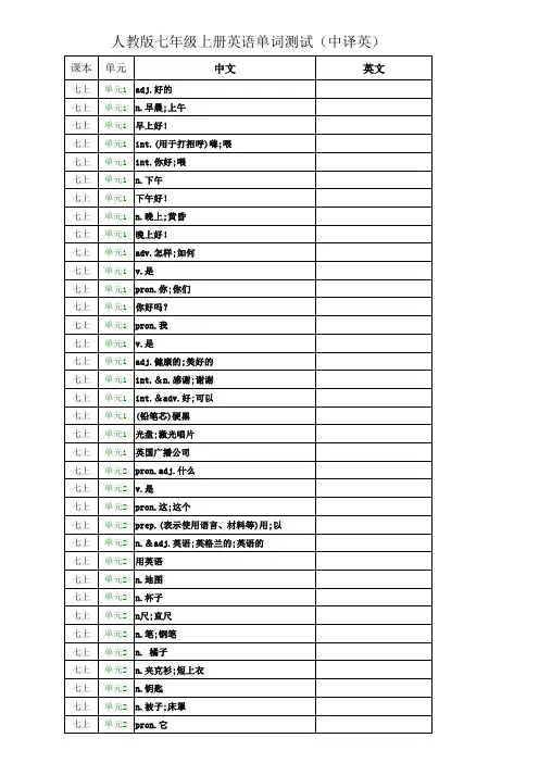 北京市人教版七年级英语单词测试表-(中译英打印版)