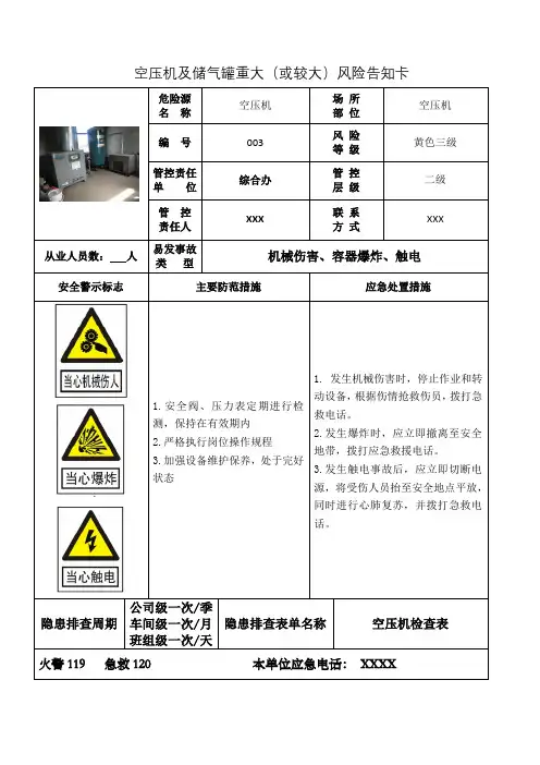 空压机及储气罐重大(或较大)风险告知卡(90厘米宽60厘米长)